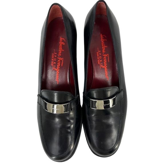 Salvatore Ferragamo Sport Black Leather Low Heel Dress Loafer Silver Logo 7 B - Picture 1 of 13